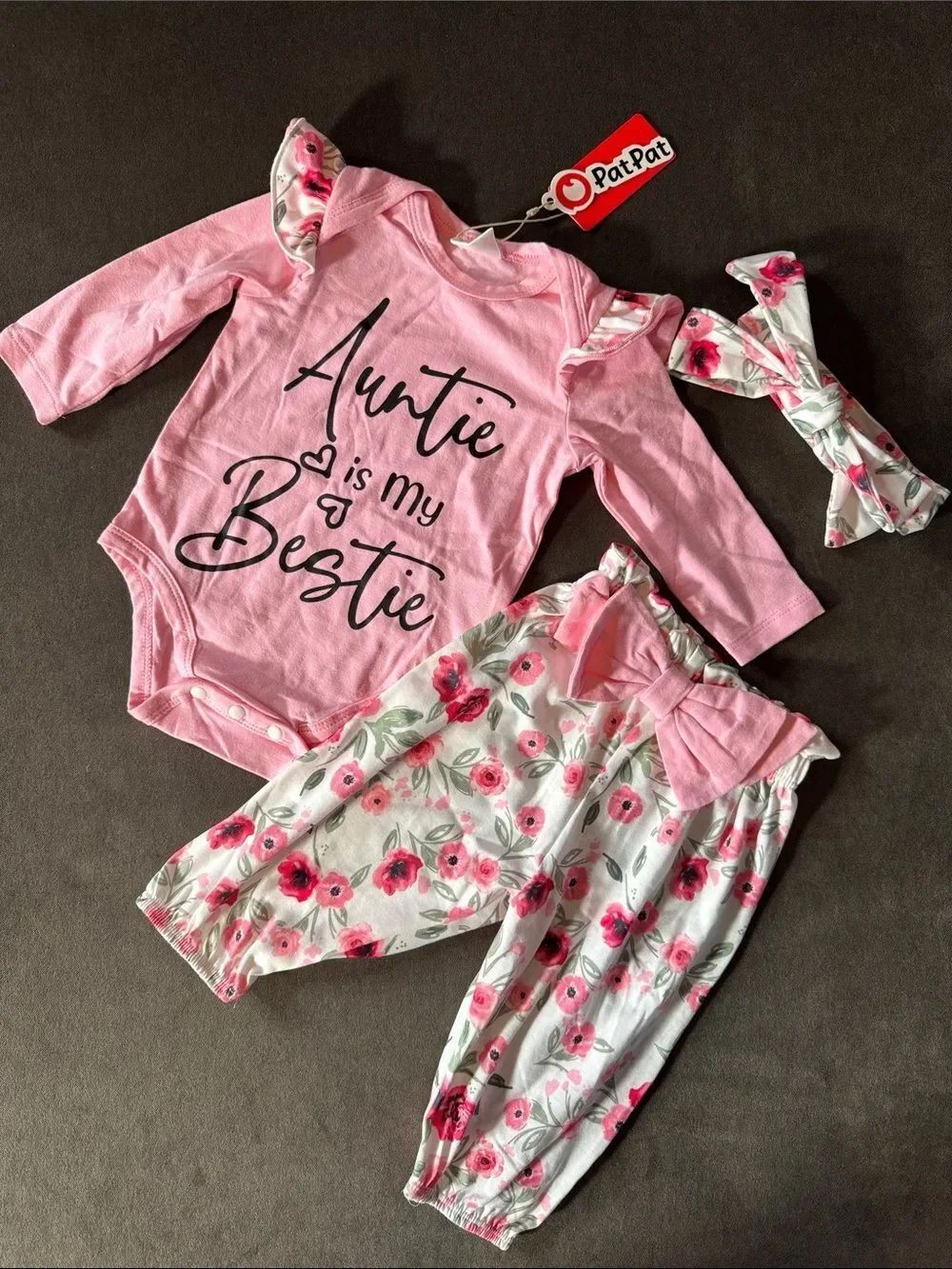 PatPat Pink Floral 'Auntie is My Bestie' Baby 3-Piece Outfit 0-3 months NEW